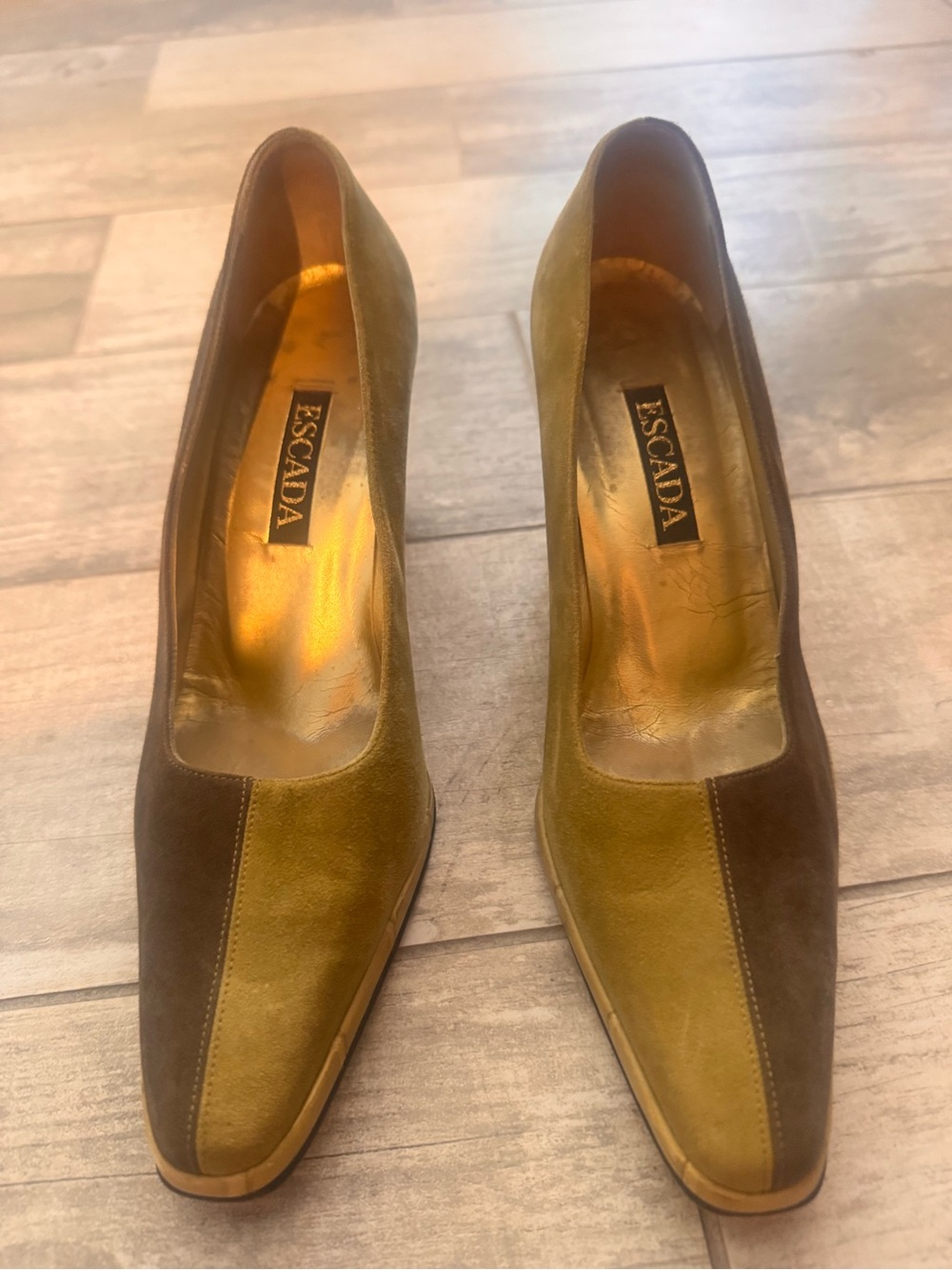 Escada Two-Tone Olive and Brown Suede Block Heel Pumps